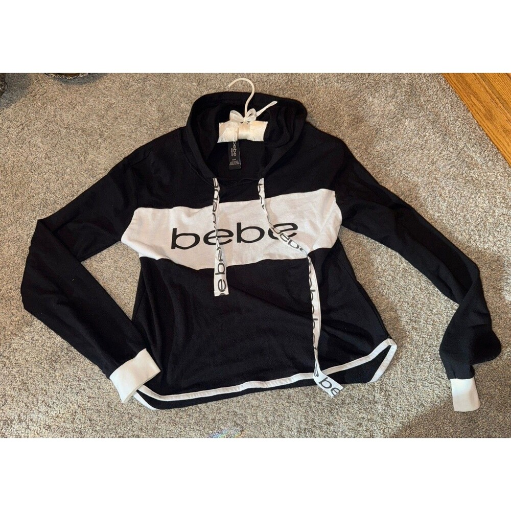 Womens Bebe Hooded Sweatshirt Med Black White Spellout Tie Sleepwear Tag Lounge